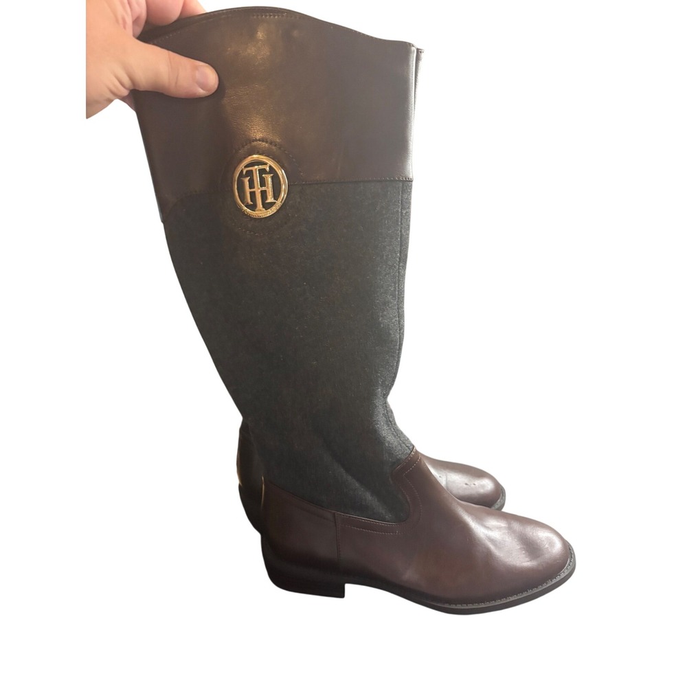 Tommy Hilfiger Brown Leather & Grey Wool Tall Riding Boots Women 6.5M Gold Logo